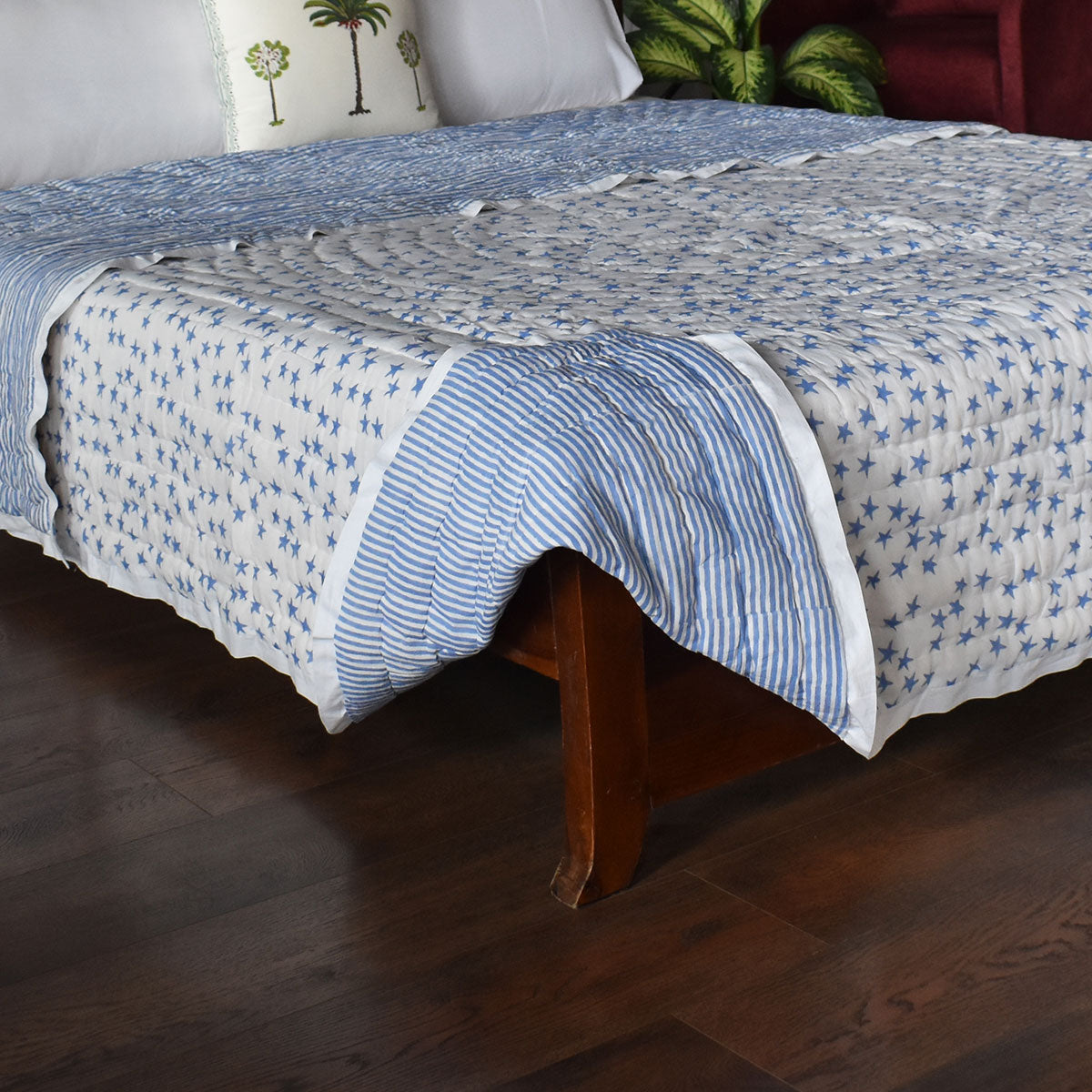 Jaipuri Hand Block Printed Bed Cover Double |  Star Blue 202509