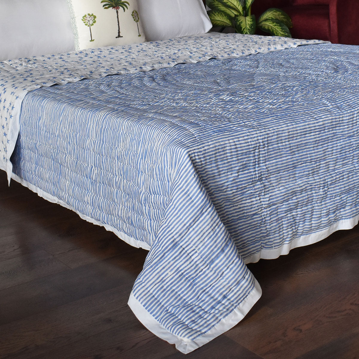 Jaipuri Hand Block Printed Bed Cover Double |  Star Blue 202509