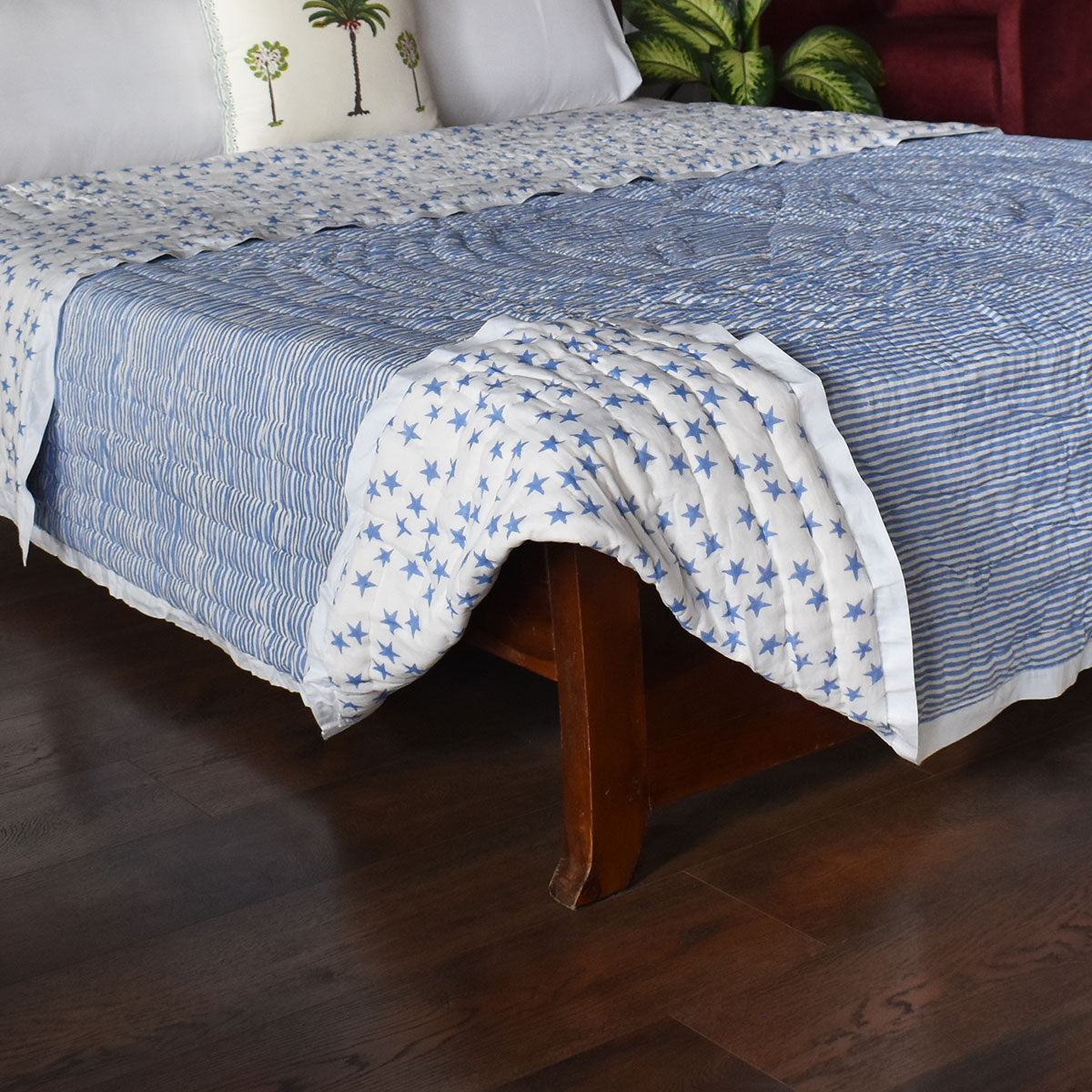 Jaipuri Hand Block Printed Bed Cover Double |  Star Blue 202509