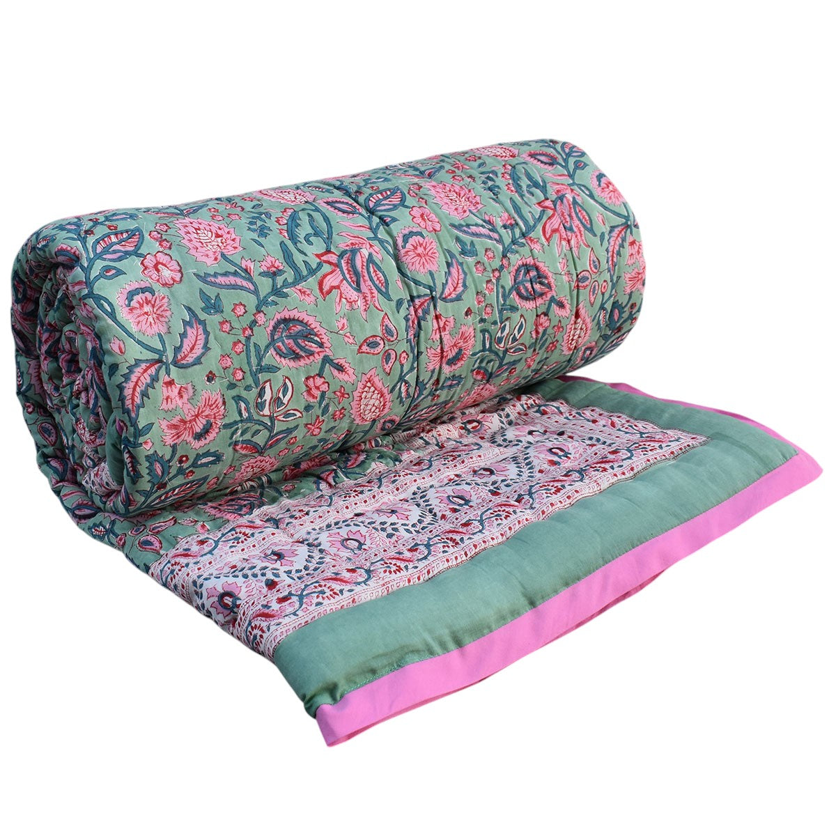 A rolled-out quilted blanket featuring a teal green base with a pink and blue floral paisley pattern, finished with a solid pink border, shown on a white background.