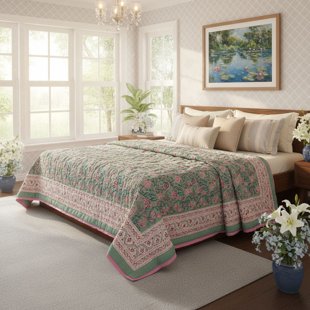 A floral quilted comforter with intricate paisley borders in sage green, pink, and beige, styled on a wooden bed in a bright, modern bedroom.