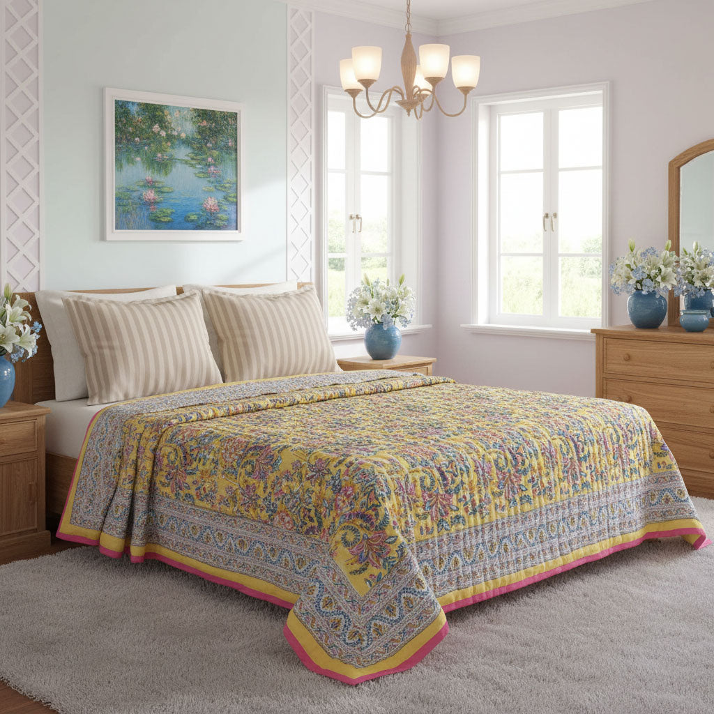 A yellow and multicolor patterned quilted comforter with pink and blue borders is styled on a bed in a bright, modern bedroom with light green walls, wooden furniture, and white-framed windows.