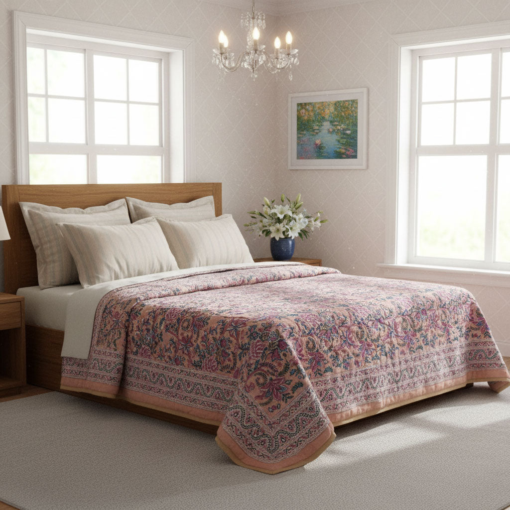 A traditional patterned quilt in dusty pink, beige, and blue is styled on a wooden bed in a bright, neutral-toned bedroom with white walls, two windows, and a chandelier.