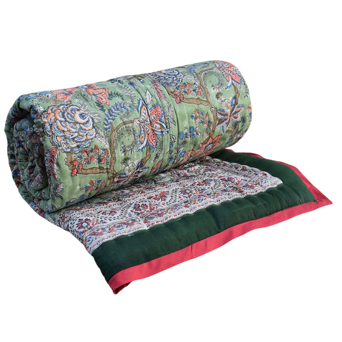 A rolled-up quilted blanket with a green floral and paisley pattern, featuring a solid dark green border with a pink inner lining, shown on a plain white background.