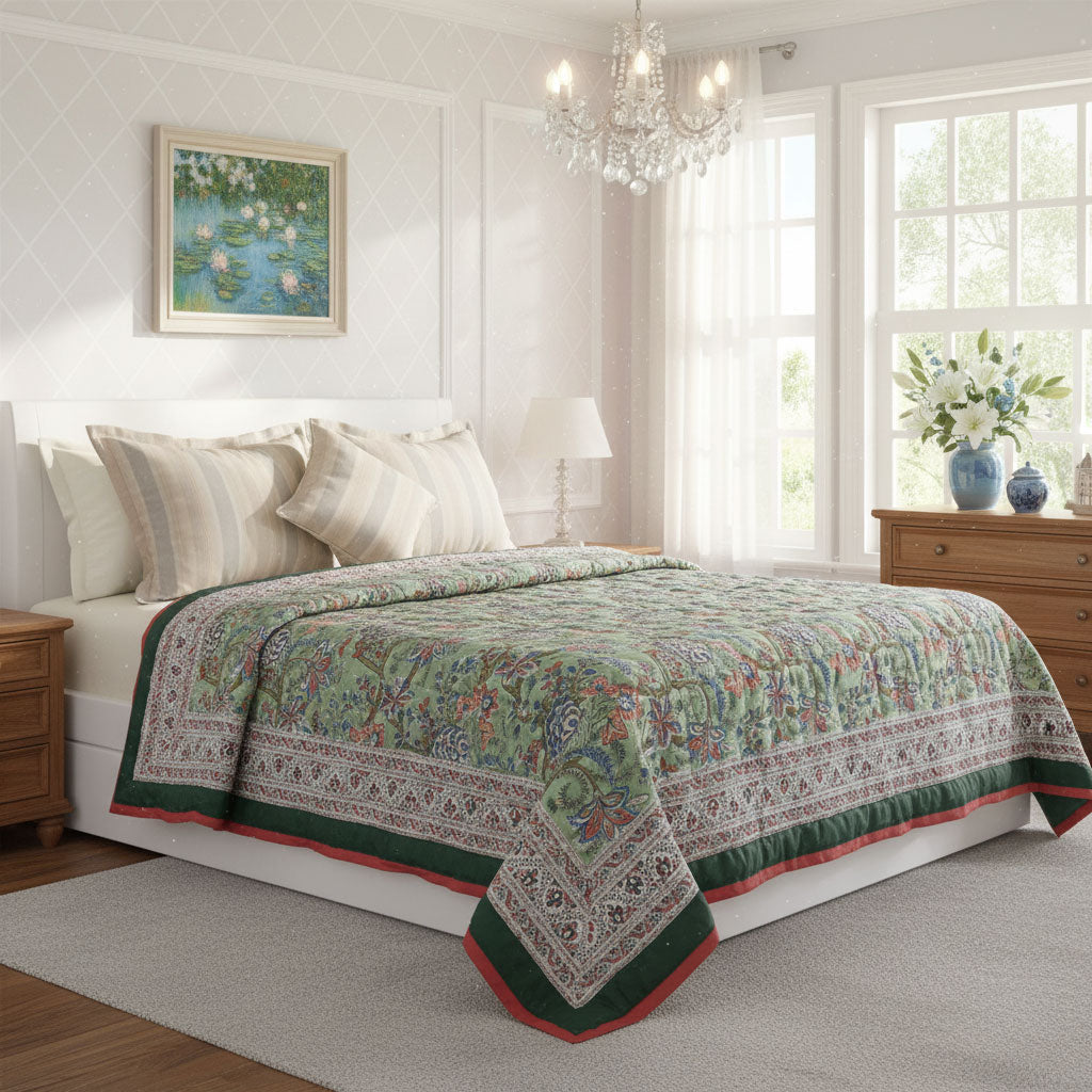 A patterned green and beige quilted comforter with a red border is styled on a white bed in a bright, modern bedroom with a chandelier, wooden dresser, and large windows.