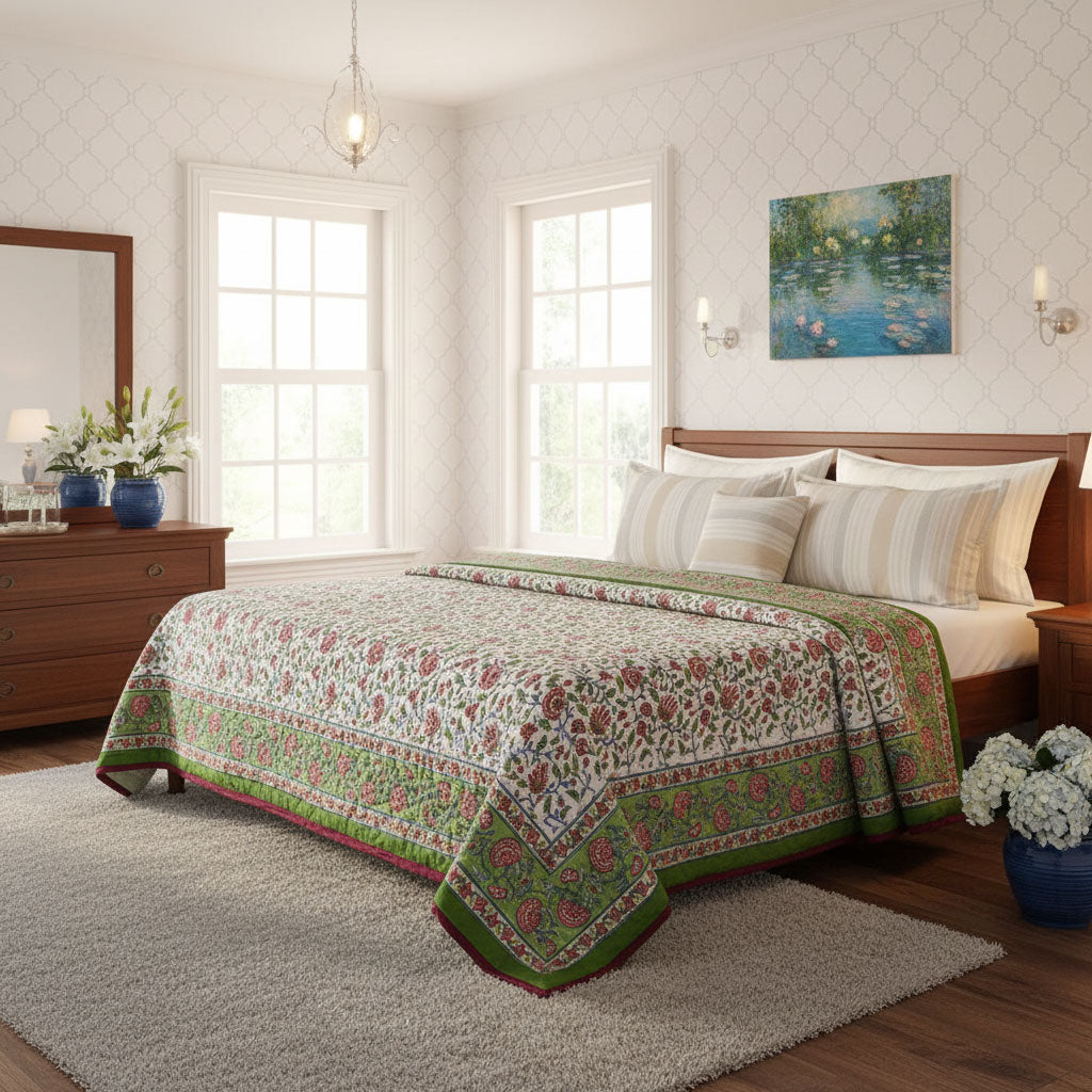 A patterned quilted comforter with green and red floral borders is styled on a bed in a bright, modern bedroom with white walls, two windows, and a wooden headboard.