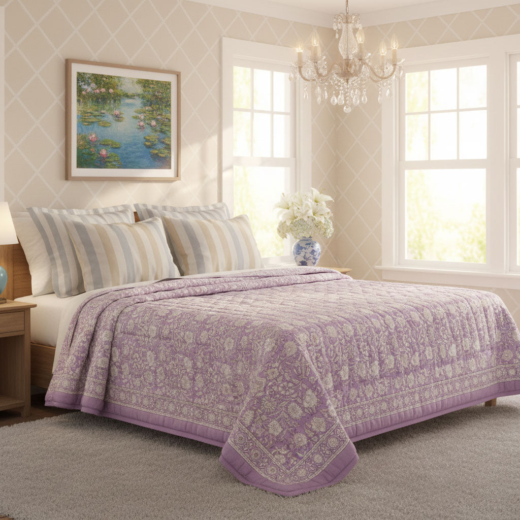 A lavender and white patterned quilted comforter set on a bed in a bright, neutral-toned bedroom. The set includes a matching quilt and striped pillow shams, styled in a room with a chandelier, windows, and a framed painting.