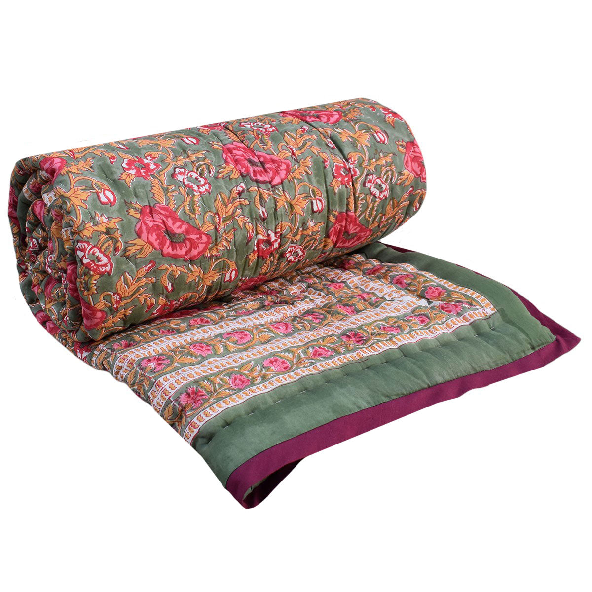 A rolled-out quilted comforter with a green base, pink and red floral pattern, and a solid purple border, shown on a plain white background.