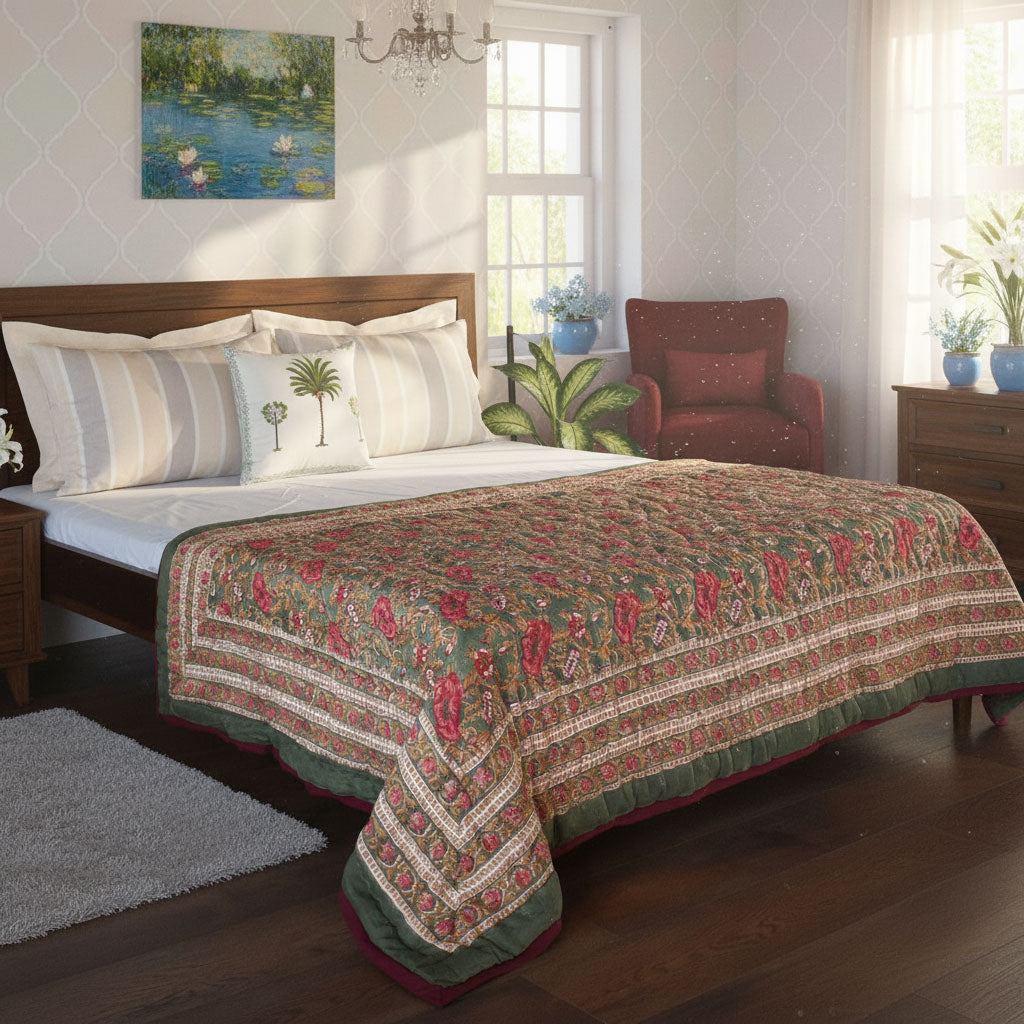 A patterned quilted comforter with red and green floral motifs and cream borders, styled on a wooden bed in a bright, modern bedroom.