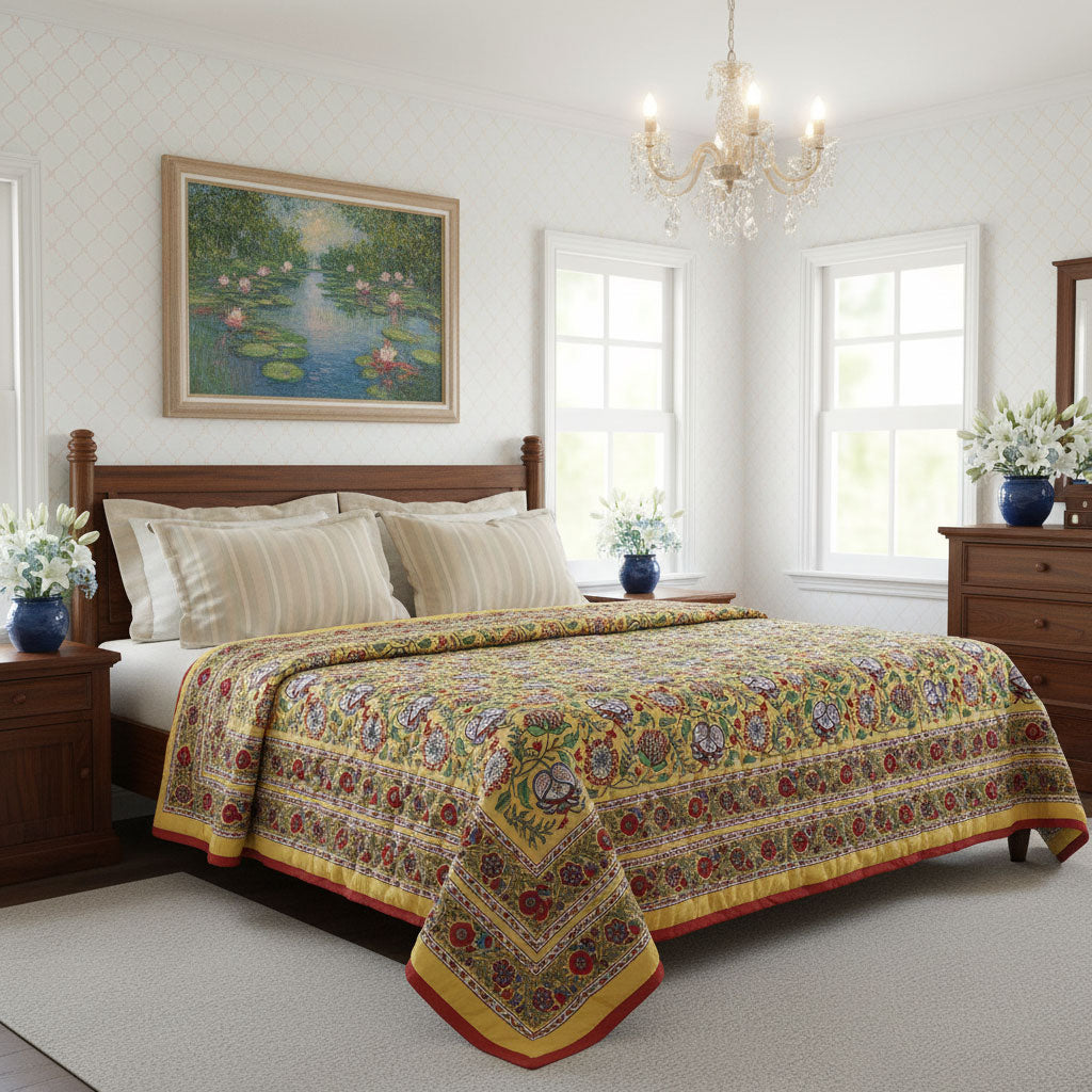 A large multicolor patterned quilted bedspread with a yellow border is styled on a wooden bed in a bright, modern bedroom with a matching framed painting of a pond scene.