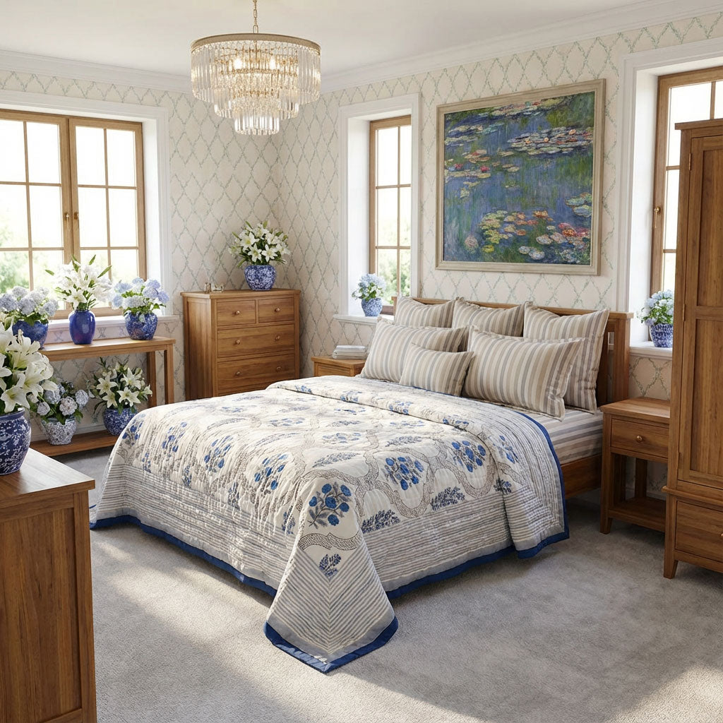A beautifully styled bedroom featuring a bed dressed in a cream quilted coverlet with blue floral patterns and striped pillows, set in a warm, elegant room with wood furniture and a large framed water lily painting on the wall.