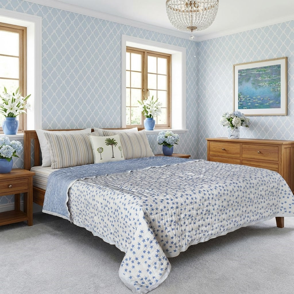 Jaipuri Hand Block Printed Bed Cover Double |  Star Blue 202509