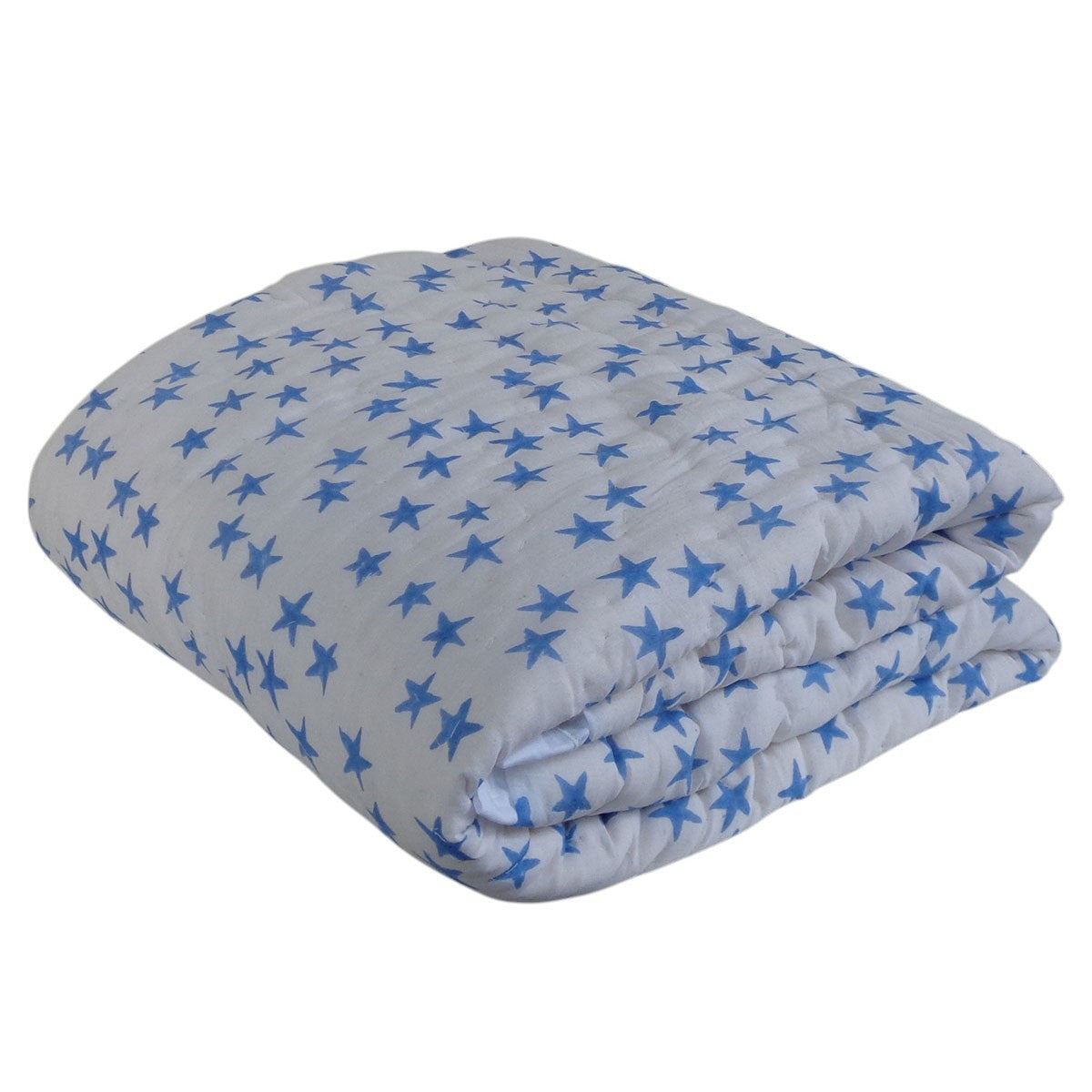 A folded quilted comforter or blanket with a repeating blue star pattern on a light gray background, isolated on a white studio background.