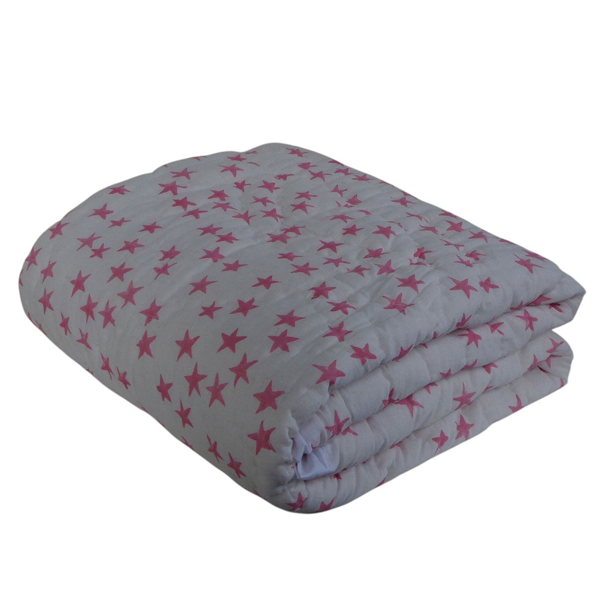 A folded quilted comforter or duvet in light gray with an all-over pattern of pink stars, shown on a plain white background.