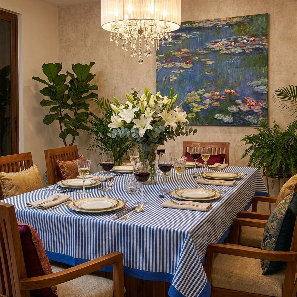 Fine Cotton Reversible Tablecloth For Family Meals | Stripes Navy 202519