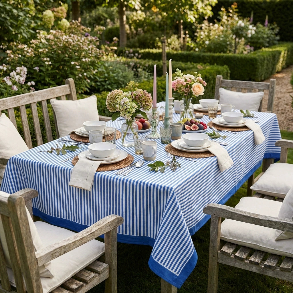 A blue and white striped tablecloth with a solid blue border is styled on an outdoor wooden dining table set with white dishes, woven placemats, candles, and floral centerpieces in a lush garden.