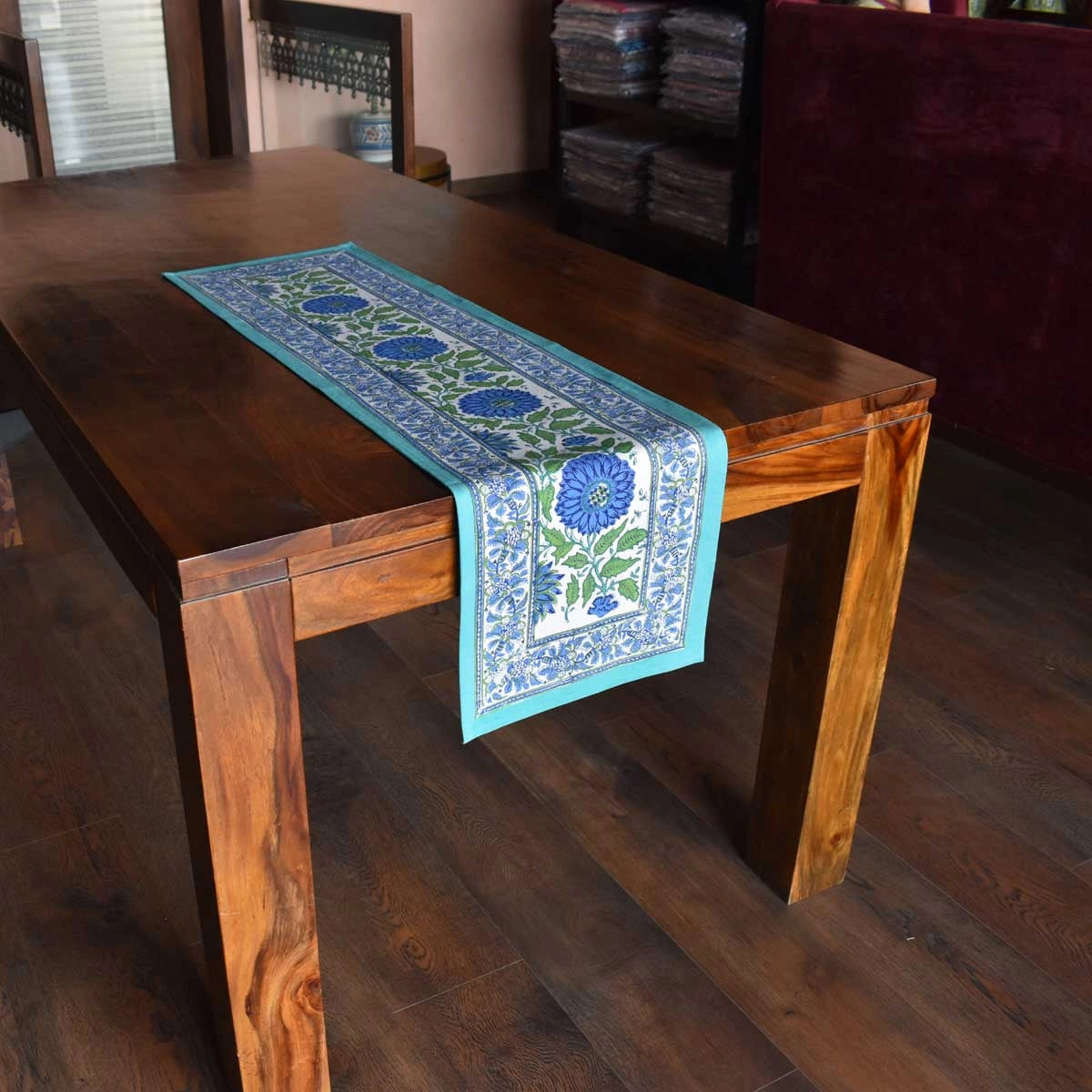 Sturdy Table Runner Surajmukhi Blue Open