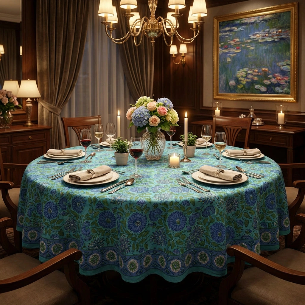 A round dining table covered with a turquoise and blue floral tablecloth, set with plates, folded napkins, wine glasses, candles, and a flower arrangement in a warmly lit dining room.