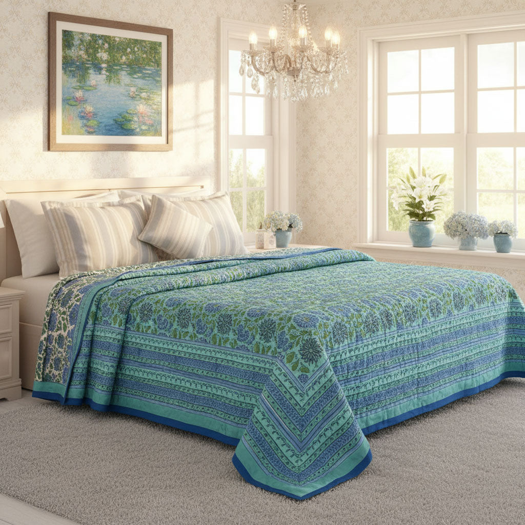 Handmade Block Printed Cotton Queen Quilt | Surajmukhi Blue 1065