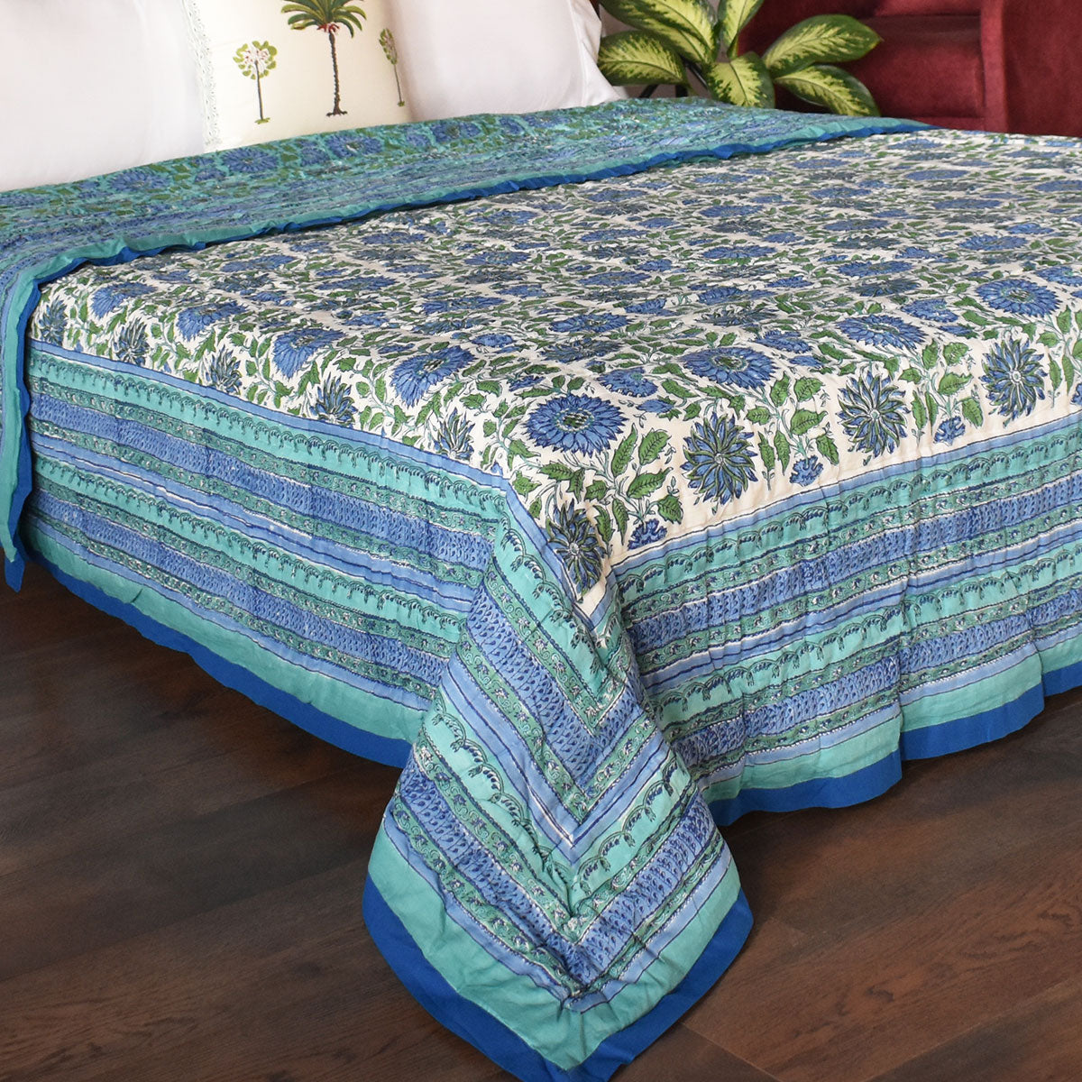 •	Hand Block Printed Bedding King Size Quilt | Surajmukhi Blue Gud 106164