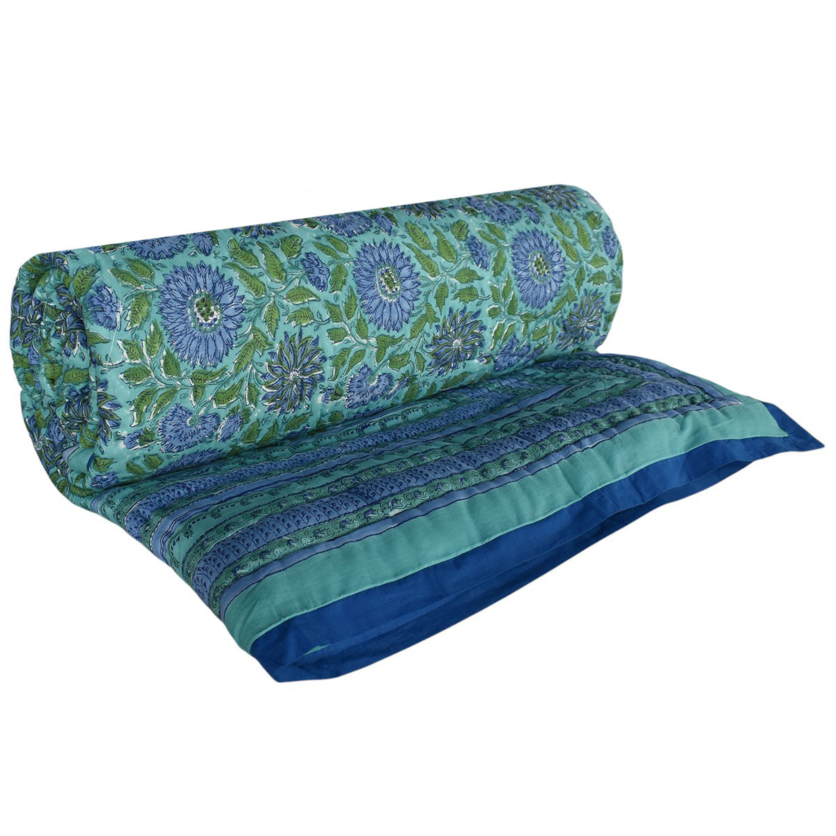 •	Hand Block Printed Bedding King Size Quilt | Surajmukhi Blue Gud 106164