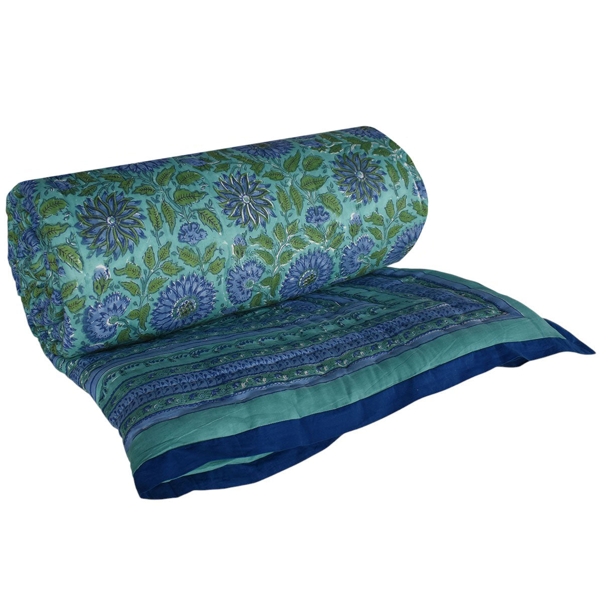 Handmade Block Printed Cotton Queen Quilt | Surajmukhi Blue 1065