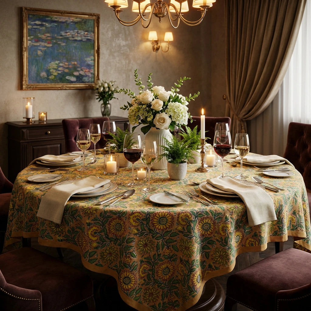 A round dining table set for six with a floral tablecloth in yellow, green, and gold tones, white roses centerpiece, candles, wine glasses, and upholstered dining chairs in a warmly lit dining room.