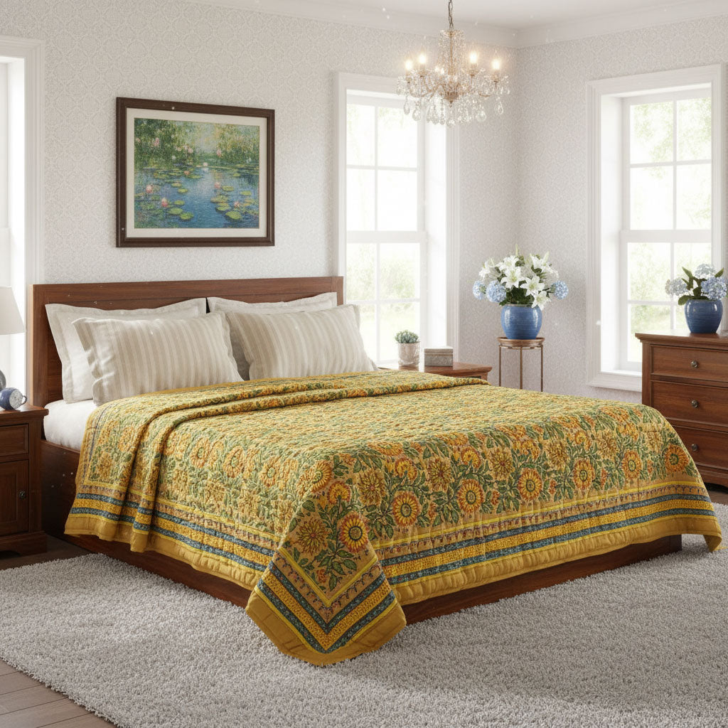 A yellow and green patterned quilted comforter with a matching pillow shams is styled on a wooden bed in a bright, modern bedroom.