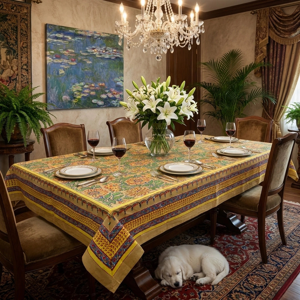 Jaipur Hand Block Long Tablecloth | Surajmukhi Canary Gud 102383
