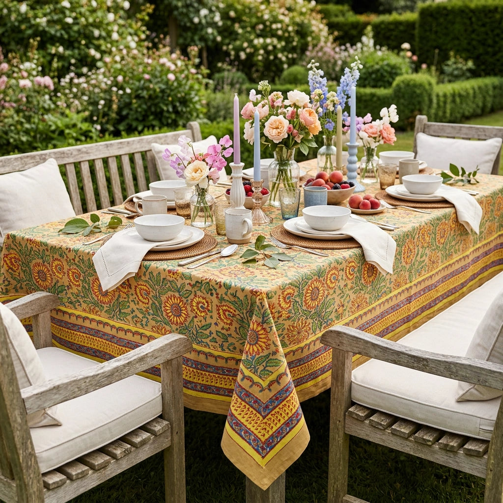 A rectangular outdoor dining table set with white ceramic bowls, plates, folded white napkins, and floral centerpieces on a yellow and green patterned tablecloth, surrounded by weathered wooden chairs in a garden setting.