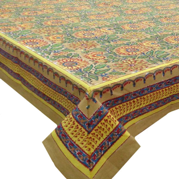 Natural Dye Hand Block Large Tablecloth For Dining | Surajmukhi Canary Gud 102383
