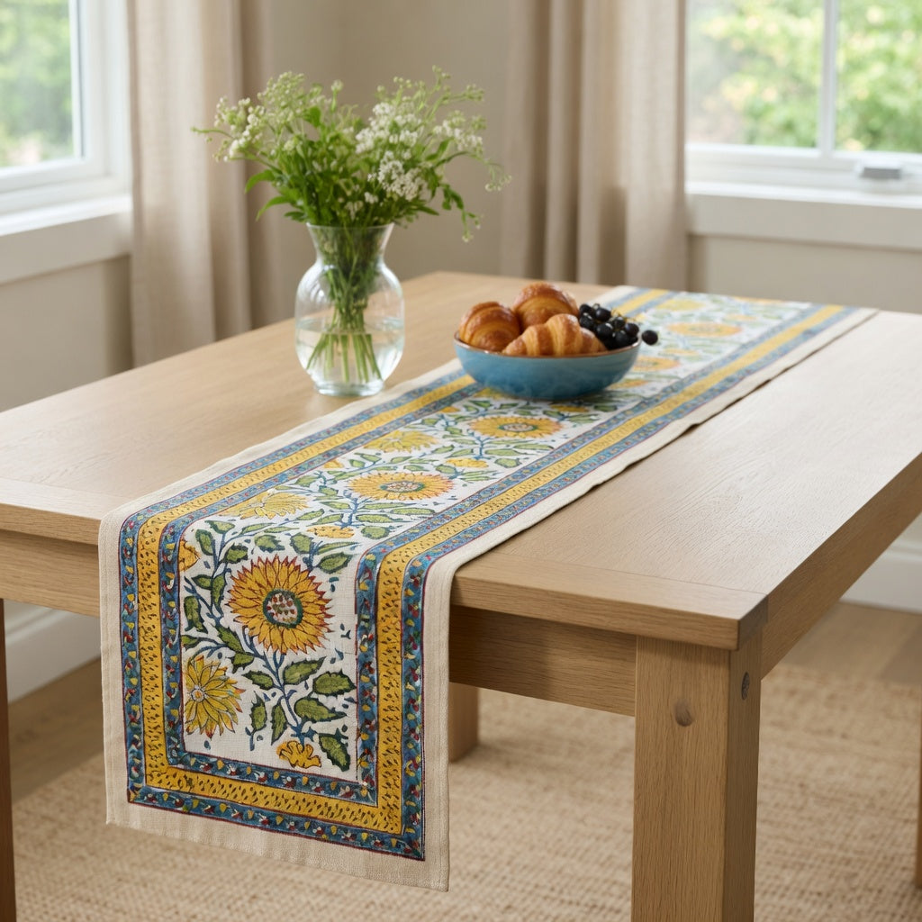 A rectangular table runner with a floral sunflower pattern in yellow, blue, and green on a cream background, styled on a light wood dining table with a vase of flowers and a bowl of pastries.