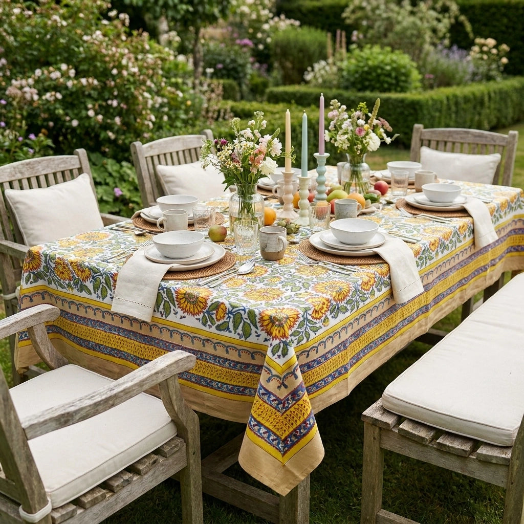 A rectangular outdoor dining table set with a yellow, blue, and green patterned tablecloth, white plates, folded napkins, candles, and floral centerpieces, surrounded by wooden chairs in a lush garden setting.