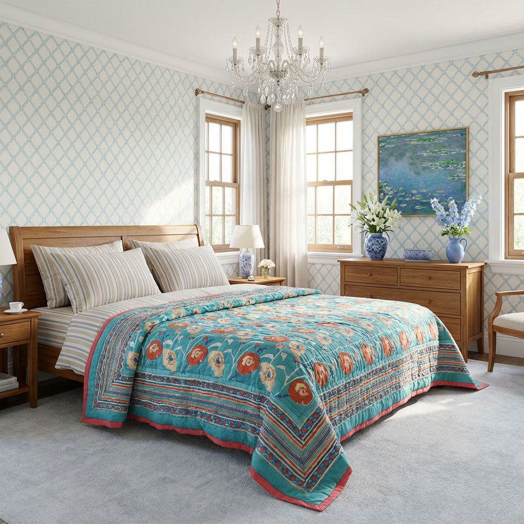 A beautifully styled bedroom featuring a bed dressed in a vibrant turquoise and orange patterned quilt, striped pillows, and a wooden headboard, set against a backdrop of light blue patterned wallpaper, a crystal chandelier, and a matching blue landscape painting.