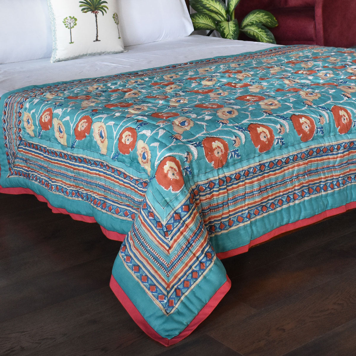 Handmade In Jaipur India Single Quilt | Teal Flower 108549
