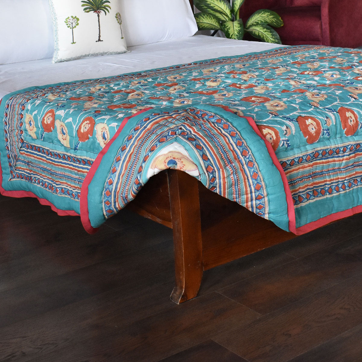 Handmade In Jaipur India Single Quilt | Teal Flower 108549