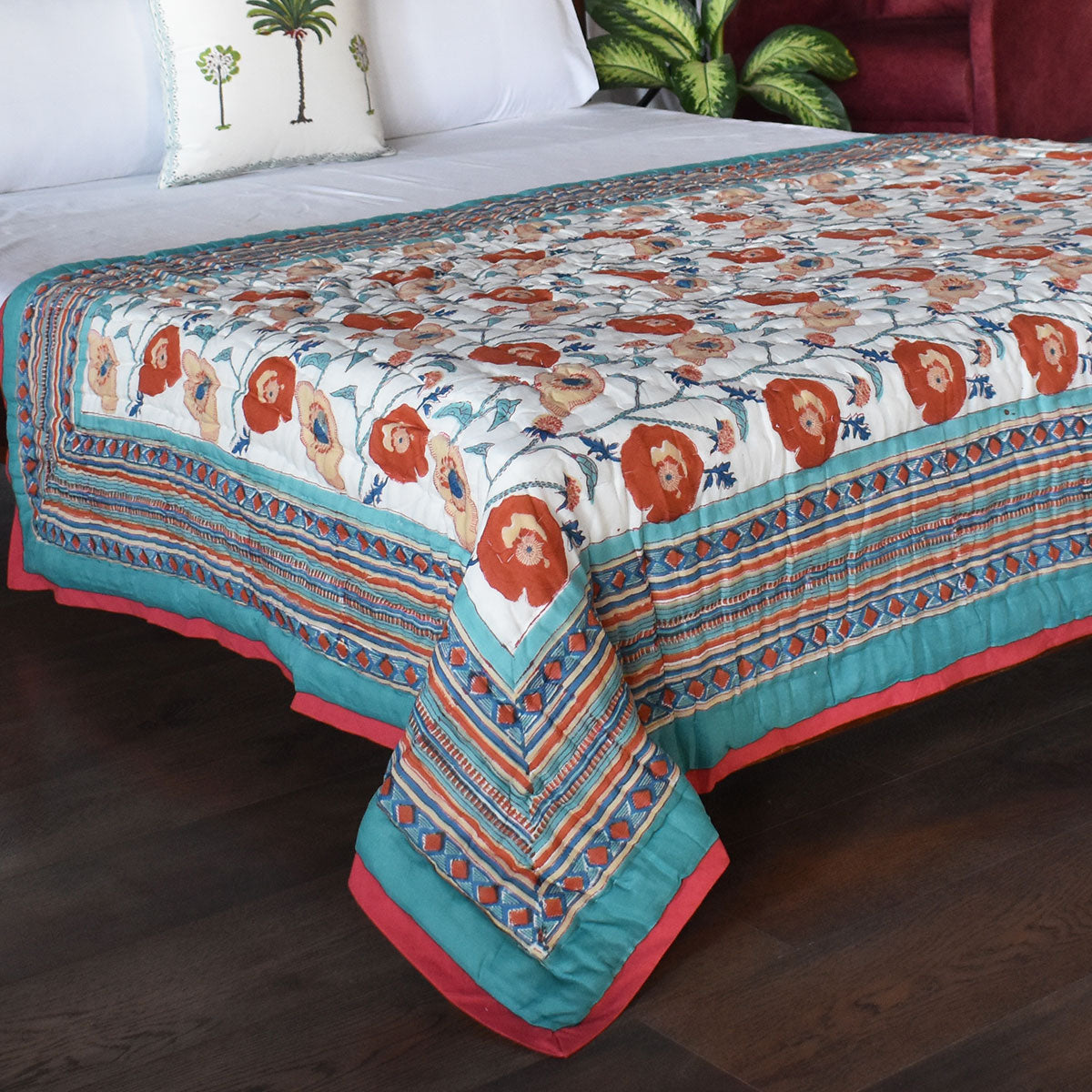 Handmade In Jaipur India Single Quilt | Teal Flower 108549