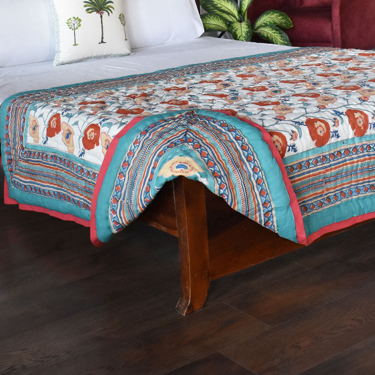 Handmade In Jaipur India Single Quilt | Teal Flower 108549