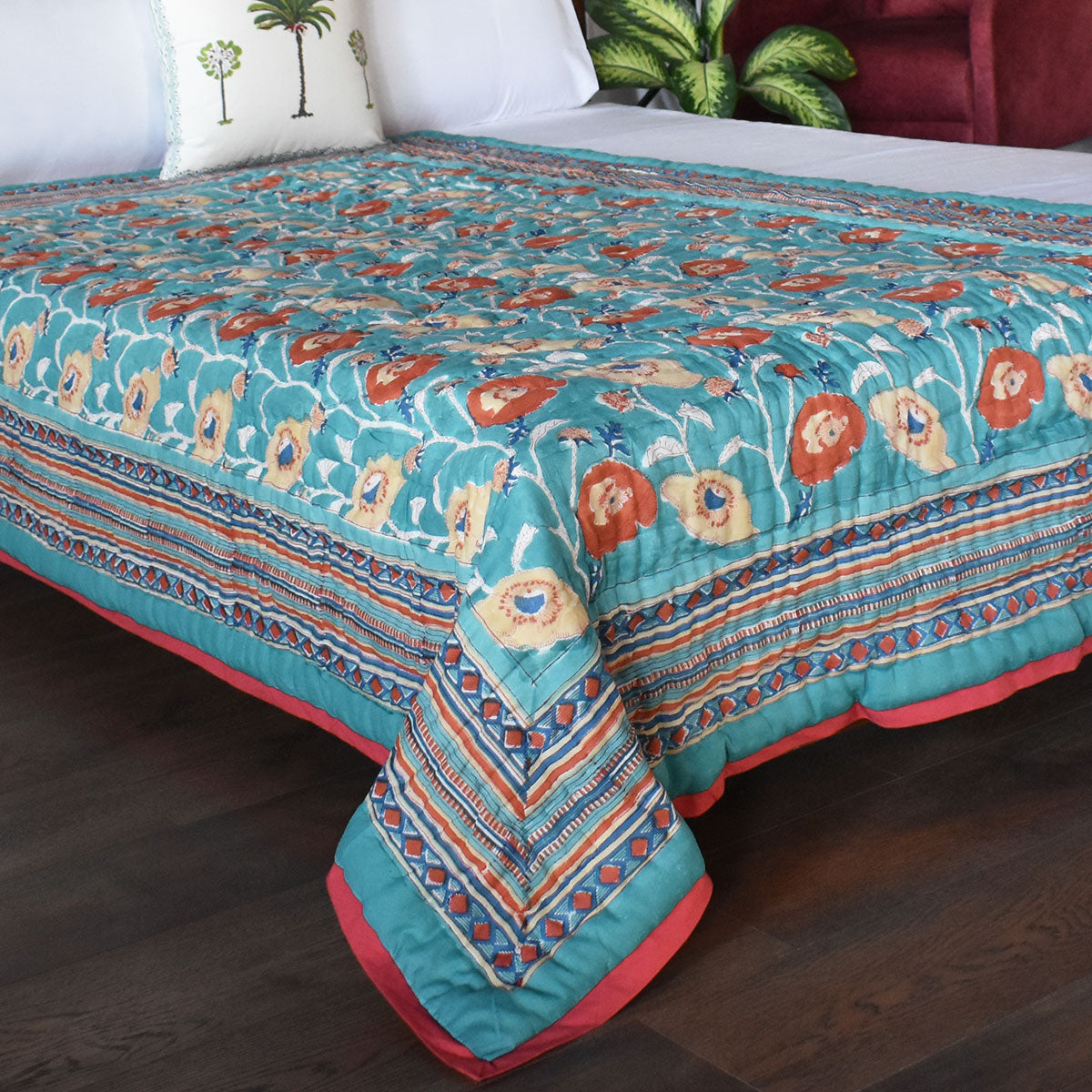 Handmade In Jaipur India Single Quilt | Teal Flower 108549