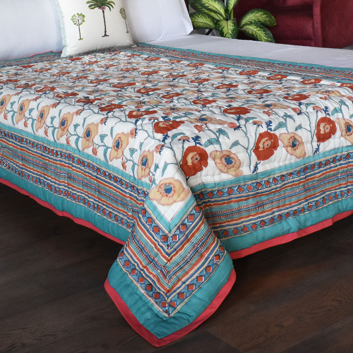Handmade In Jaipur India Single Quilt | Teal Flower 108549