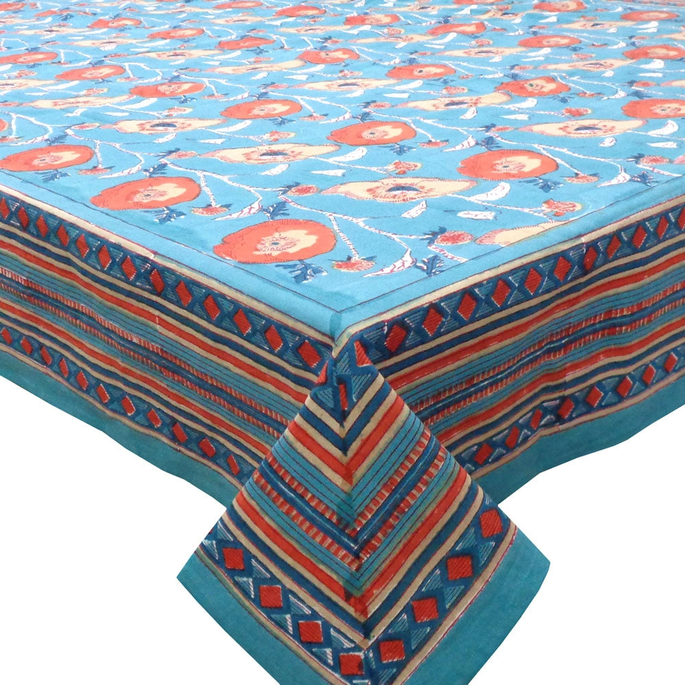 Natural Dye Hand Block Long Tablecloth For Dining | Teal Flower Gud 109115
