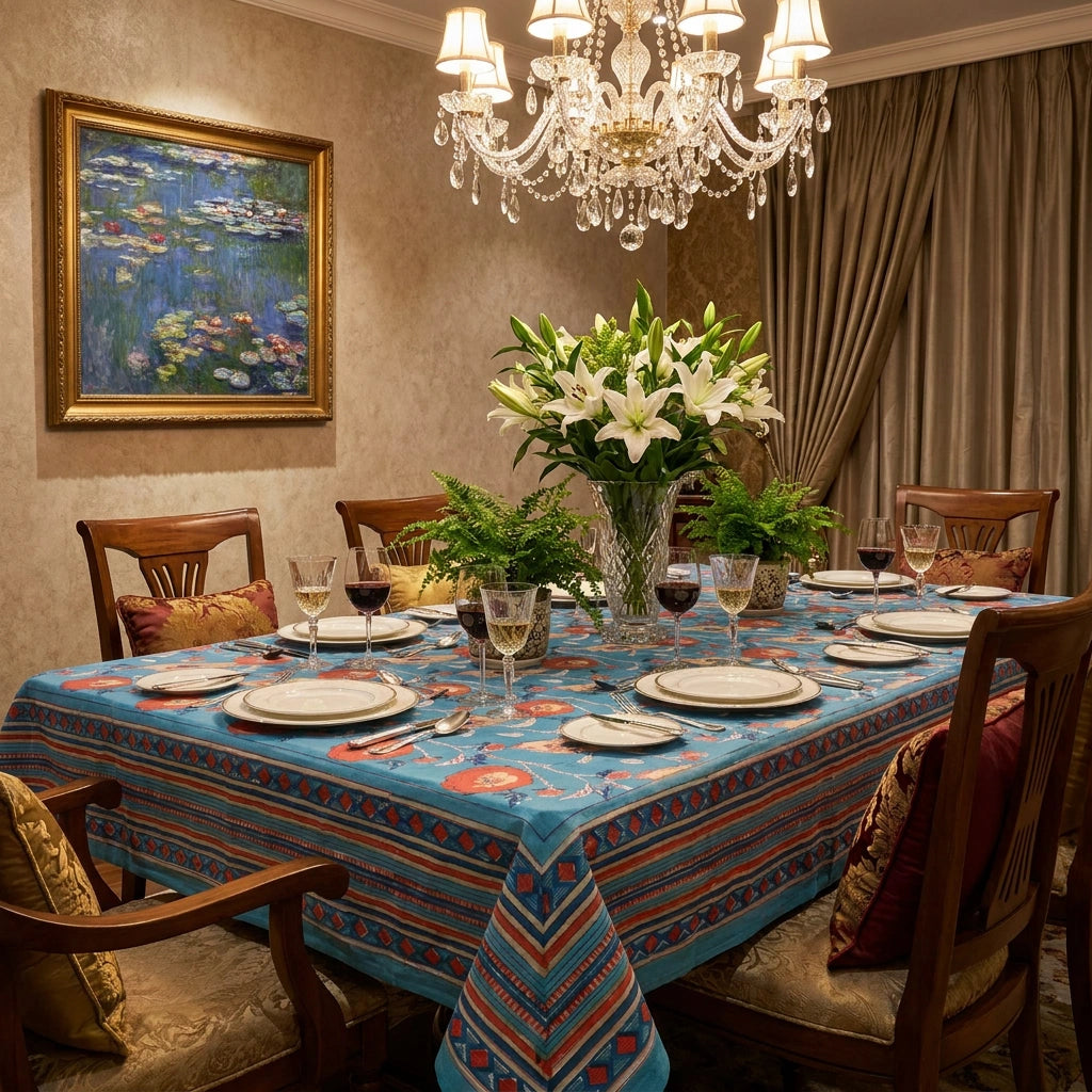 Natural Dye Hand Block Long Tablecloth For Dining | Teal Flower Gud 109115