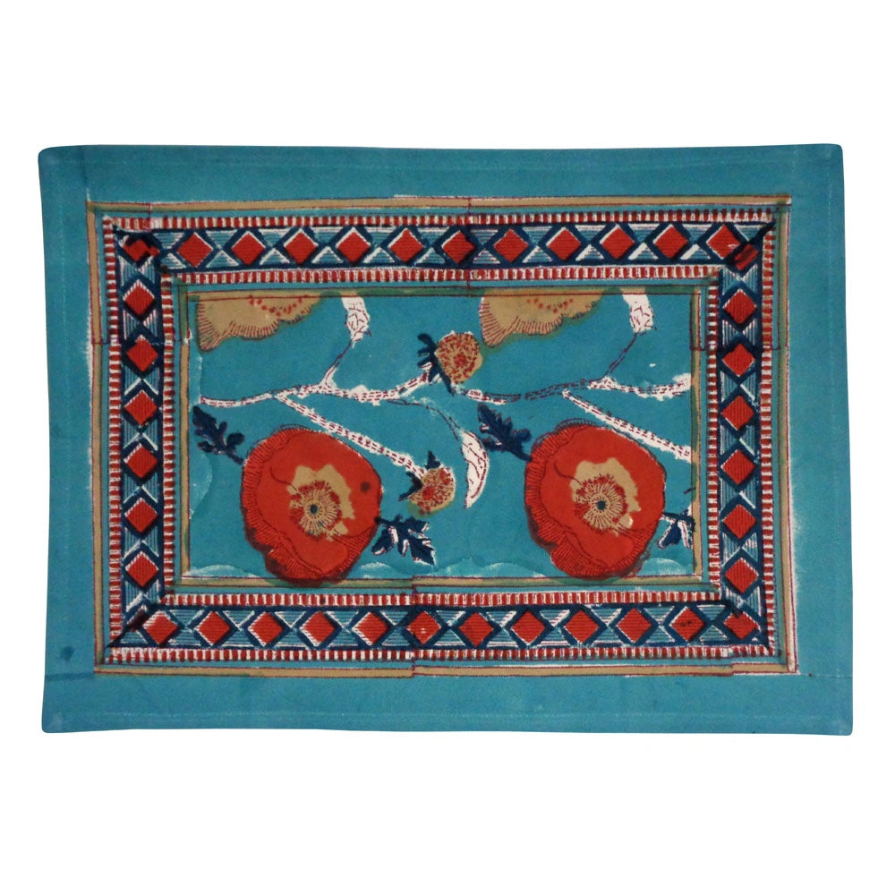 Jaipuri Hand Block Design (Set of 2 Table mats) | Teal Flower Gud 205130