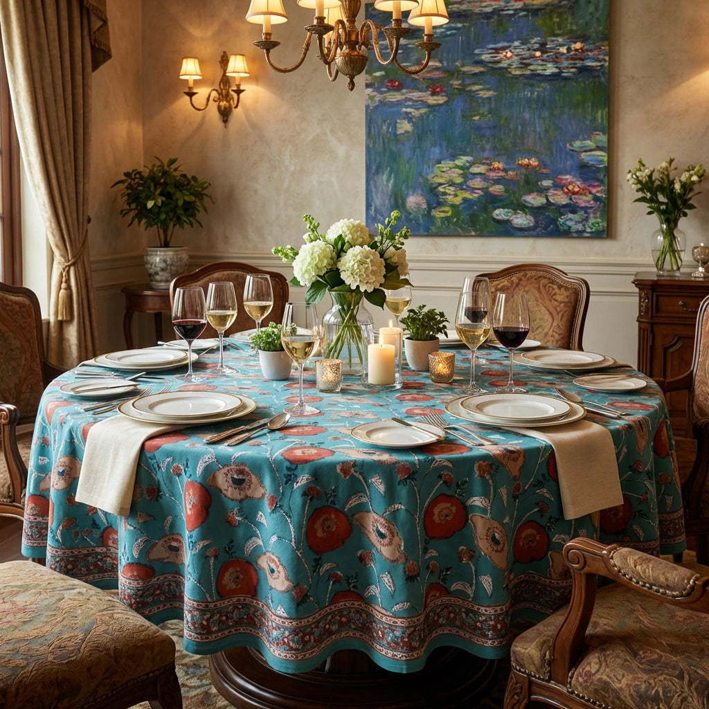 A round dining table set in a warmly lit dining room, covered with a turquoise tablecloth featuring a floral and botanical pattern. The table is fully set with white plates, wine glasses, candles, and a floral centerpiece.