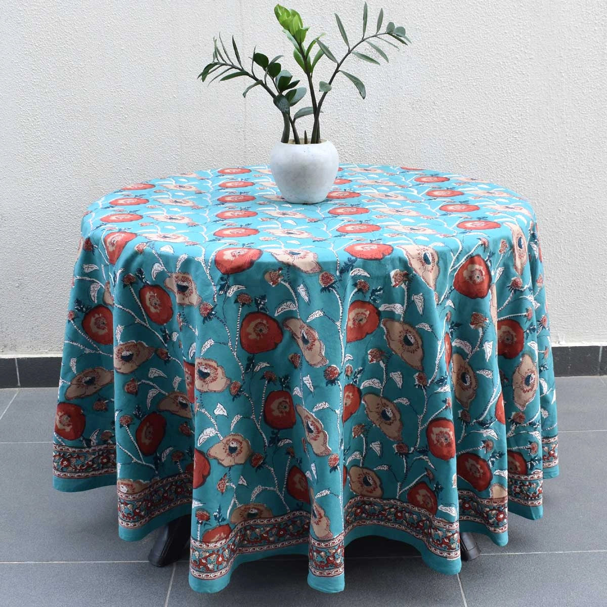 Artisan Crafted Round Table Cover Teal Flower Gud