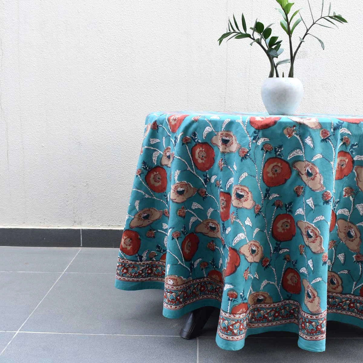 Artisan Crafted Round Table Cover Teal Flower Gud