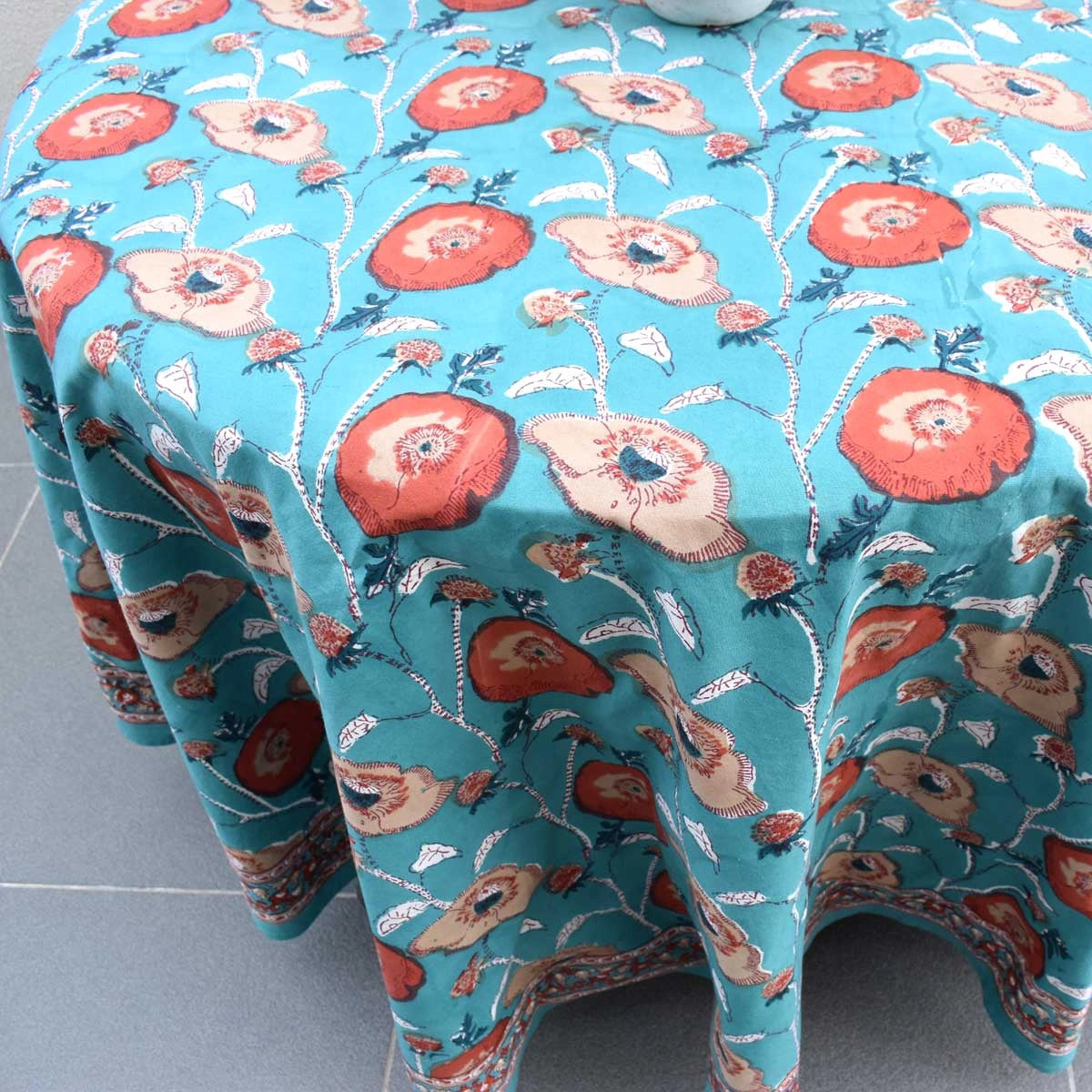 Artisan Crafted Round Table Cover Teal Flower Gud