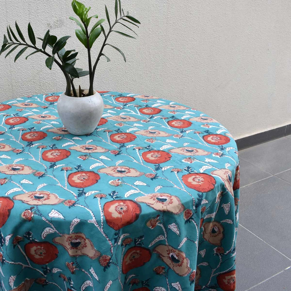 Artisan Crafted Round Table Cover Teal Flower Gud