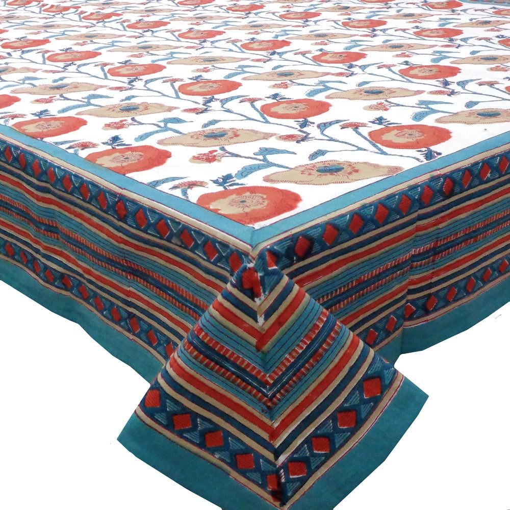 Jaipuri Razai Artisan Table Cover For 8-10 Seater | Teal Flower Open 109977