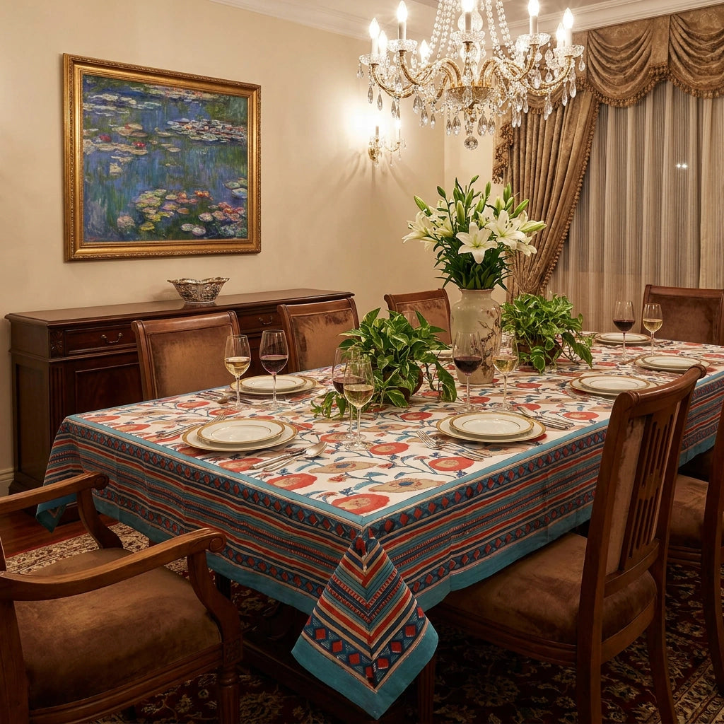 Jaipuri Razai Artisan Table Cover For 8-10 Seater | Teal Flower Open 109977
